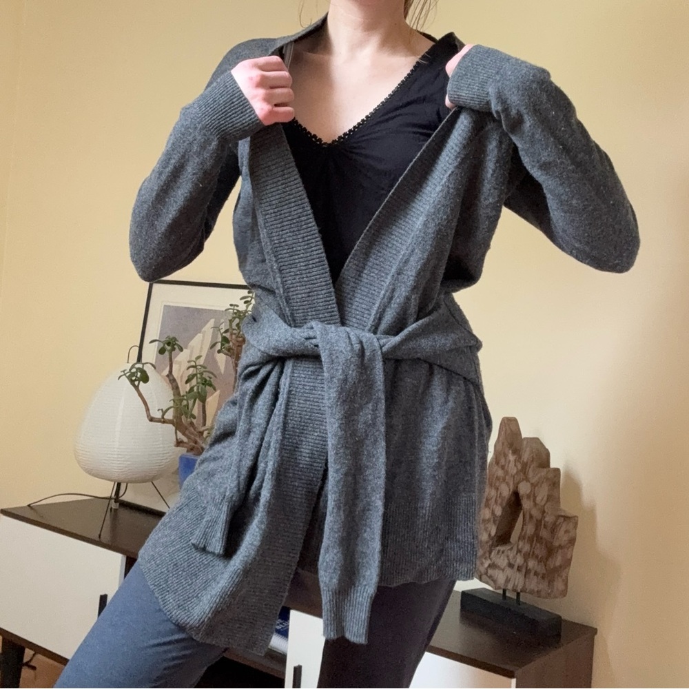 Sandro Cashmere Blend Slouchy w/ Tie Front Cardigan, Sz S, Charcoal Grey